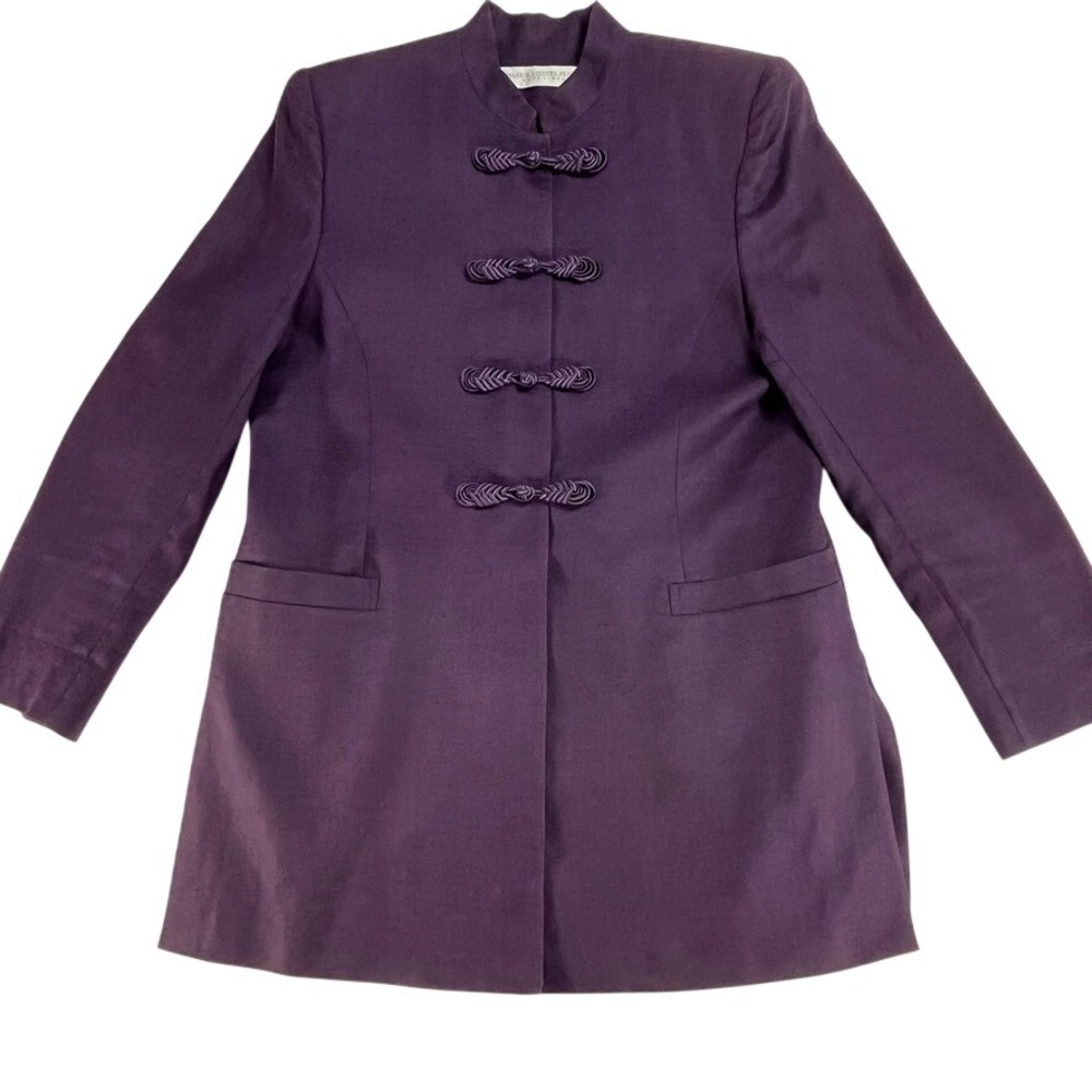Vintage Valerie Stevens Purple 100% Linen Jacket 14P Frog Closure Mandarin